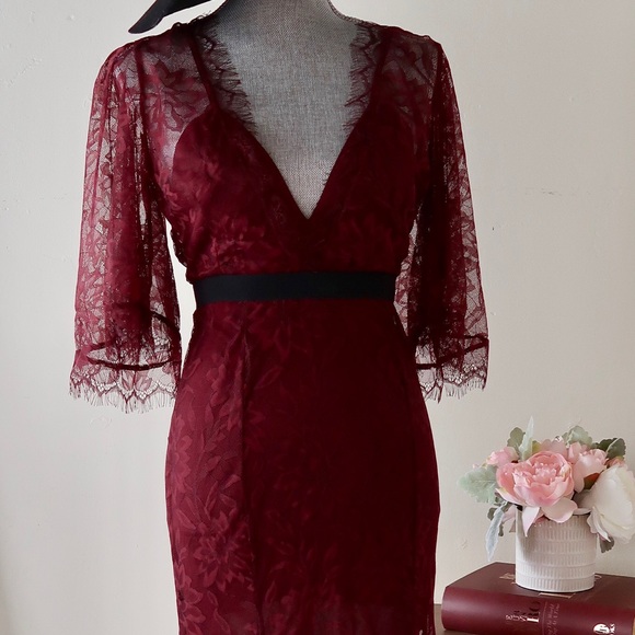 STELLA- Romantic Burgundy Lace Maxi Dress - Picture 3 of 7